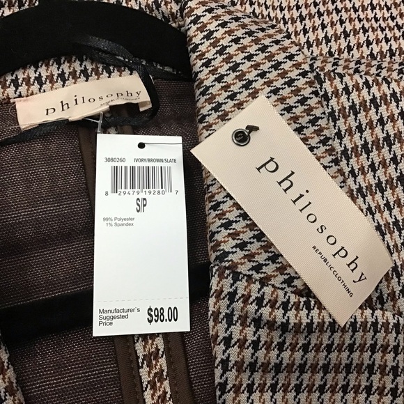 Philosophy ivory/ brown/slate houndstooth one button long blazer. Small. NWT - Picture 7 of 9